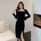 Long-sleeve Chain-accent Slit Midi Sheath Dress