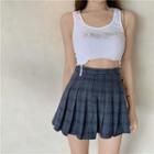 Cropped Tank Top / Plaid Pleated Skirt