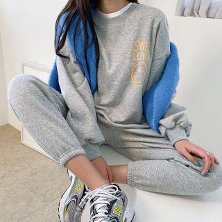 Smiley Print Sweatshirt & Sweatpants Set