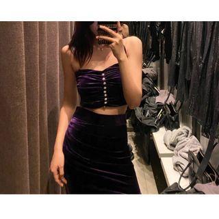 Spaghetti Strap Velvet Ruched Top + Velvet Midi Skirt