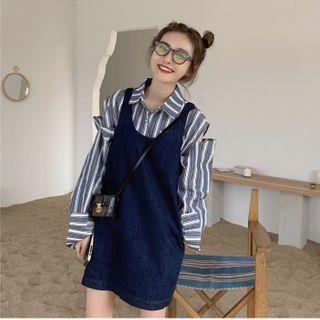 Striped Cutout Shirt / Sleeveless Denim Mini Dress