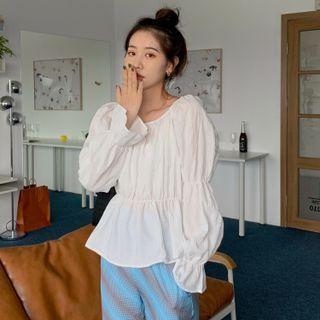Puff-sleeve Peplum Blouse White - One Size