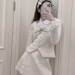 Quilted Button Jacket / Long-sleeve Lace Blouse / Mini A-line Skirt