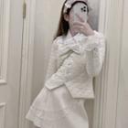 Quilted Button Jacket / Long-sleeve Lace Blouse / Mini A-line Skirt