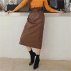 Paperbag-waist Faux-leather Long Skirt With Belt