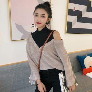 Mock Two-piece Cold Shoulder Ribbed Top As Shown In Figure - One Size