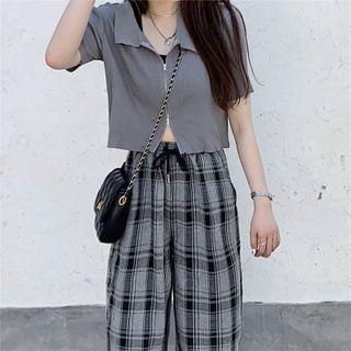 Short-sleeve Zip Top / Plaid Straight-fit Pants