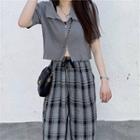 Short-sleeve Zip Top / Plaid Straight-fit Pants