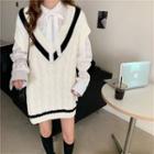 V-neck Two-tone Knit Vest / Ribbon Blouse