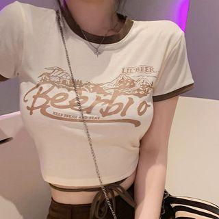 Short-sleeve Lettering Cropped T-shirt Almond - One Size