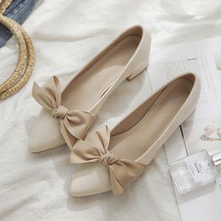 Pointed Block Heel Bow-accent Pumps