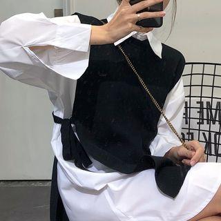 Plain Long Shirt / Side Tie Knit Vest Black & White - One Size