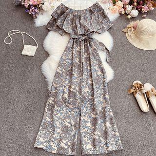 Off-shoulder Tie-waist Wide-leg Jumpsuit