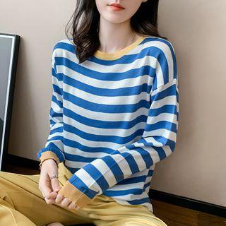 Long Sleeve Round Neck Striped Contrast Trim T-shirt
