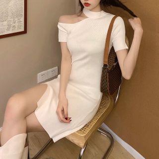Short-sleeve Plain Slit Mini Dress