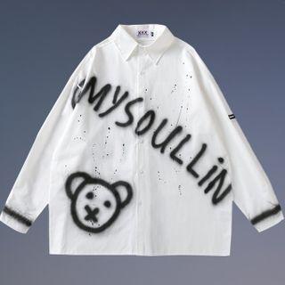 Long-sleeve Lettering Splatter Print Shirt