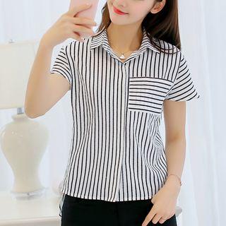 Dip-back Short-sleeved Striped Blouse
