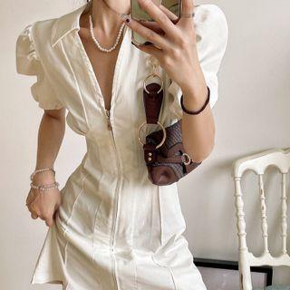 Puff-sleeve Collared Zip Mini Sheath Dress