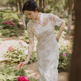 Short-sleeve Lace Slit Midi Qipao