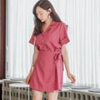 Short-sleeve Wrap-front Mini Shirtdress (l~xl)