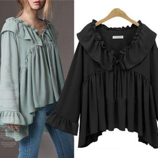 Ruffle V-neck Long-sleeve Chiffon Top