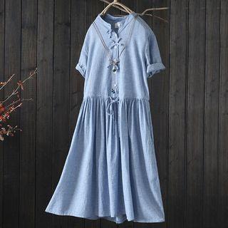 Bow Detail Pinstriped Short-sleeve A-line Dress