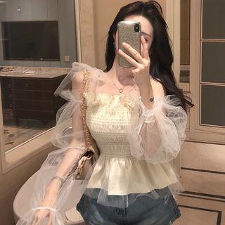 Mock Two-piece Mesh Long-sleeve Peplum Top Almond - One Size