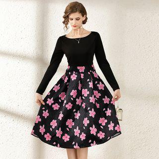Long-sleeve Floral Jacquard Panel Midi A-line Dress