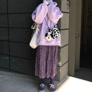 Oversize Pullover / Flower Print Midi A-line Skirt