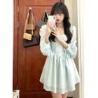 Long-sleeve Off-shoulder Mini A-line Dress Light Green - One Size