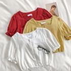 Plain Square-neck Ruffled-trim Short-sleeve Top