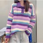 Long-sleeve Polo Collar Striped Knit Sweater
