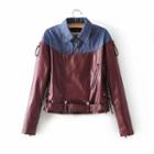 Denim Panel Zip Faux Leather Jacket