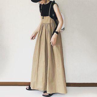 Spaghetti-strap Plain Shirred Dress Khaki - One Size