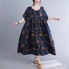 Elbow-sleeve Floral Print Midi A-line Dress Coffee & Purple Flowers - Dark Blue - One Size