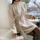 Mock-neck Textured Dress With Belt