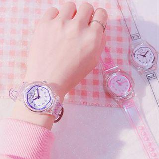 Set: Transparent Strap Watch + Flower Bangle