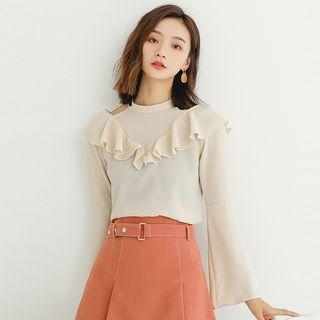 Long-sleeve Cut Out Ruffle Chiffon Top