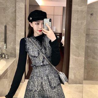 Set: Plain Long-sleeve Slim-fit Top + Tweed Sleeveless Dress