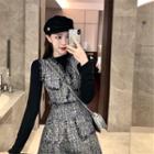 Set: Plain Long-sleeve Slim-fit Top + Tweed Sleeveless Dress