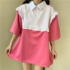 Short-sleeve Ruffled Paneled Shirt White & Pink - One Size
