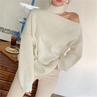 Asymmetric Slit-shoulder Knit Top