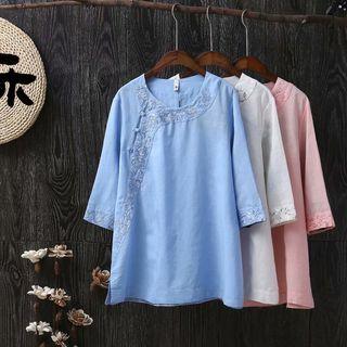 Embroidered 3/4-sleeve Wrap Top