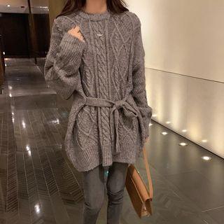 Tie Waist Long Chunky Knit Sweater