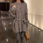 Tie Waist Long Chunky Knit Sweater