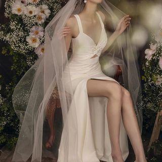 Wide Strap Cutout Slit A-line Wedding Gown