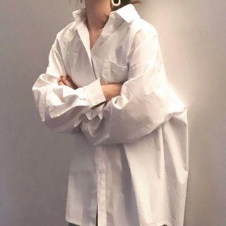 Lantern-sleeve Plain Shirt White - One Size