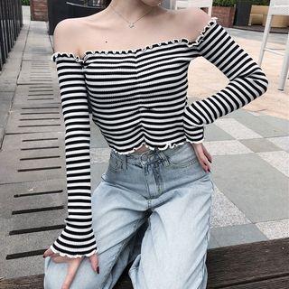 Off-shoulder Lettuce Edge Striped Knit Top