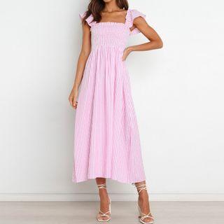 Cap-sleeve Shirred Striped Midi A-line Dress