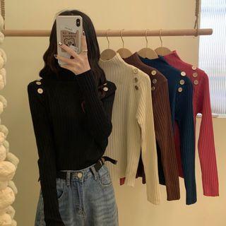 Semi High-neck Buttoned Knit Top